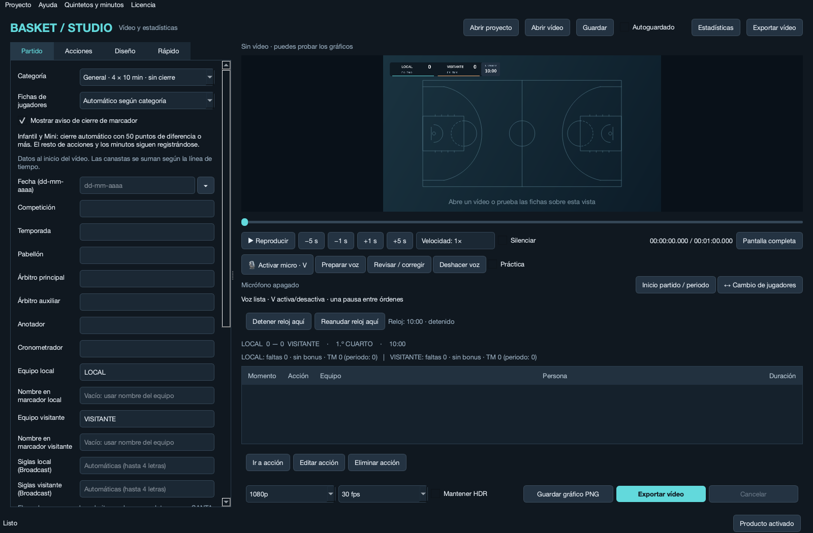 Editor real de Basket Studio: controles del partido, vista previa, historial de acciones y opciones de exportación