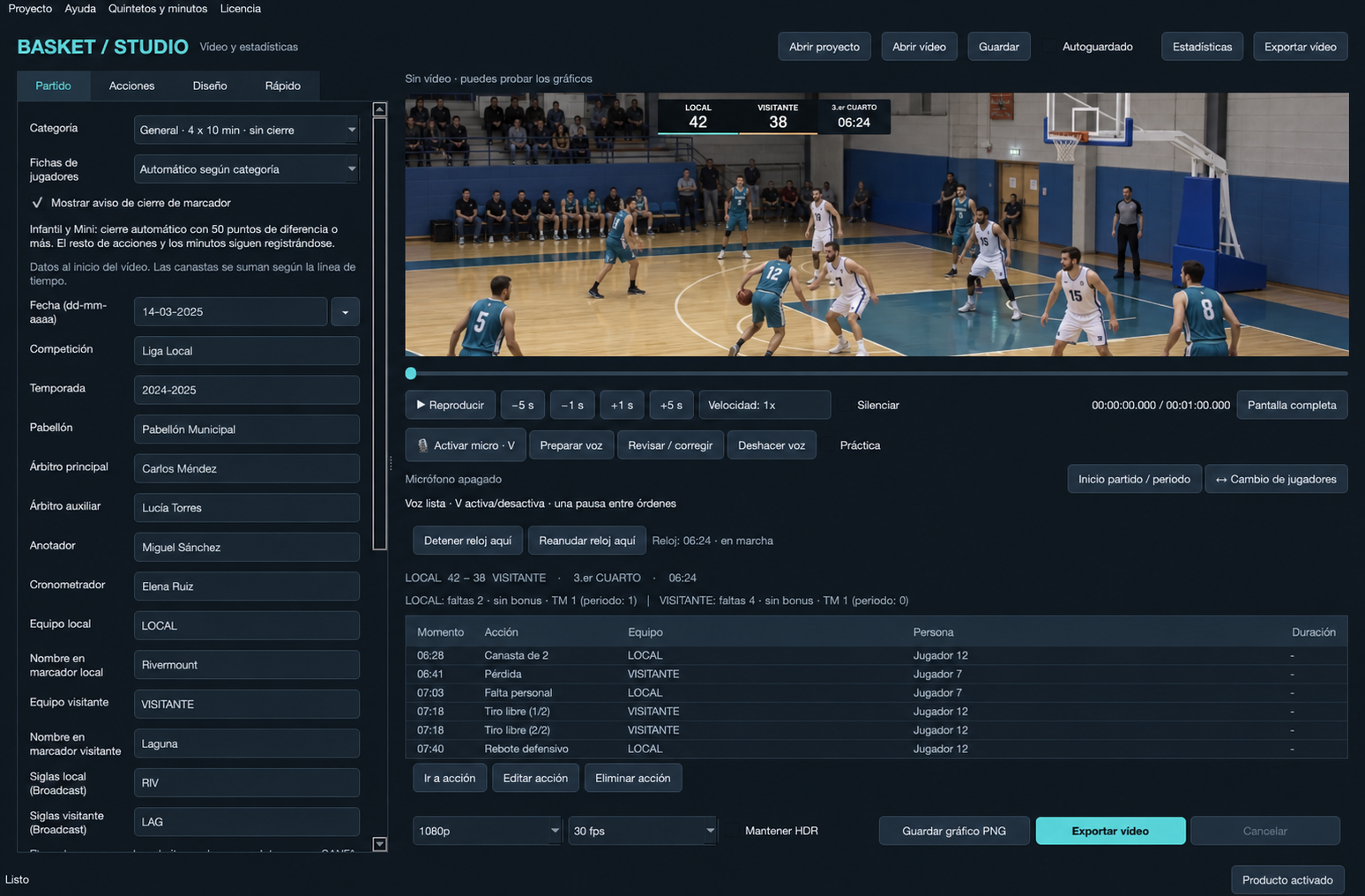 Vista ilustrativa generada por IA del editor de Basket Studio con un partido de baloncesto y marcador superpuesto