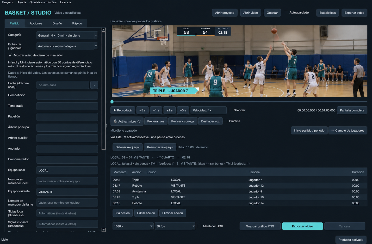 Vista ilustrativa generada por IA de un triple durante un partido ficticio, con marcador e historial de acciones en Basket Studio